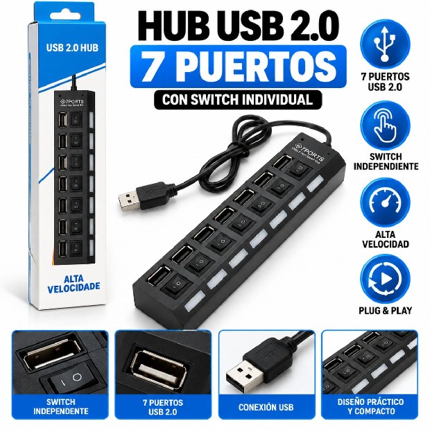 &uu HUB TIPO USB 2.0 7 PUERTOS CON SWITCH (287)